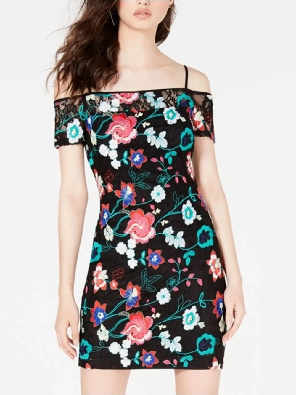 Guess Black Embroidered Colorful Floral Off-Shoulder Bodycon Dress Size 6